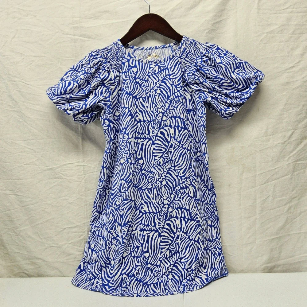 Lilly Pulitzer Top Kids XL 12-14 Blue White Abstract Zebra‎ Off Shoulder Cotton